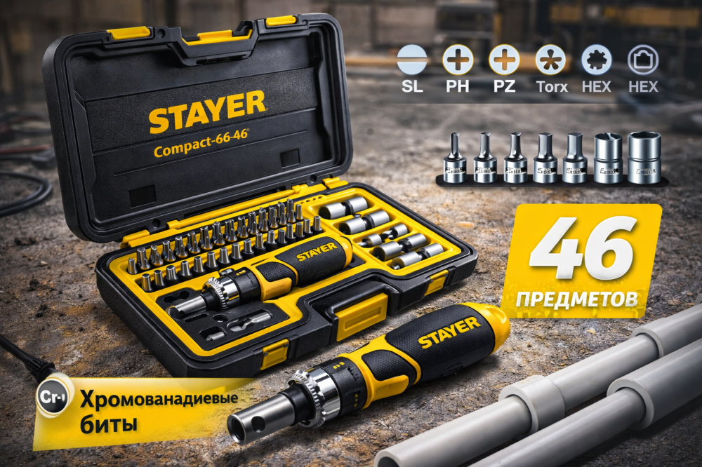 Stayer Compact-46 — набор отвертки с насадками 46 предметов для ремонта