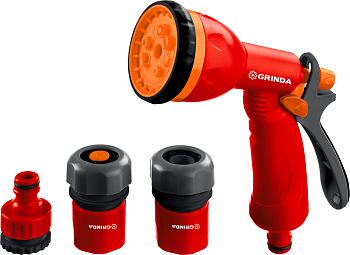 GRINDA GS-34, пистолет с 8 режимами, коннектор 3/4″, коннектор с автостопом 3/4″, адаптер, пластиков