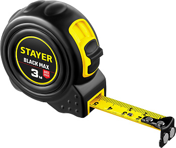 Рулетка Stayer BlackMax 3м / 16мм в ударостойком полностью обрезиненном корпусе и двумя фиксаторами