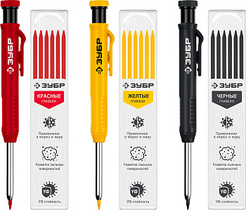 ЗУБР АСК 18 сменных грифелей: 6ч + 6ж + 6к, Автоматический строительный карандаш, ПРОФЕССИОНАЛ (0631