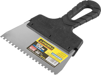 STAYER PROFlat, 150 мм, зуб 4 х 4 мм, пластиковая ручка, зубчатый, нержавеющий фасадный шпатель, Pro