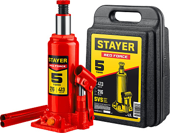 STAYER RED FORCE, в кейсе, 5 т, 216 - 413 мм, бутылочный гидравлический домкрат, Professional (43160