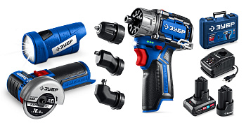 ЗУБР КОМБИ #5 набор: дрель-шуруповерт + мини УШМ + LED фонарь, BRUSHLESS, 12 В, 45 Н·м, 2 АКБ тип Т7