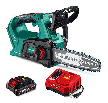 ЗУБР 20 В, 250 мм шина, 1 АКБ LMS (2 Ач), пила цепная аккумуляторная (ПЦБ-2025-21)