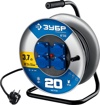 ЗУБР КГ-315, КГ, 3 x 1.5 мм2, 20 м, 3700 Вт, IP44, силовой удлинитель на стальной катушке, Профессио