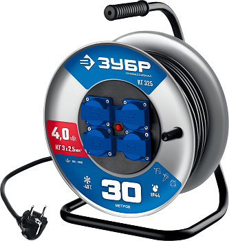 ЗУБР КГ-325, КГ, 3 x 2.5 мм2, 30 м, 4000 Вт, IP44, силовой удлинитель на стальной катушке, Профессио