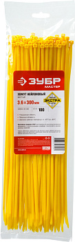 ЗУБР КС-Ж1, 3.6 x 300 мм, нейлон РА66, 100 шт, желтые, кабельные стяжки, Профессионал (309050-36-300