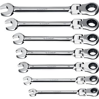 ЗУБР 7 шт, 8 - 19 мм, набор шарнирных трещоточных гаечных ключей, Профессионал (27101-H7)