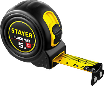 Рулетка Stayer BlackMax 5м / 25мм в ударостойком полностью обрезиненном корпусе и двумя фиксаторами
