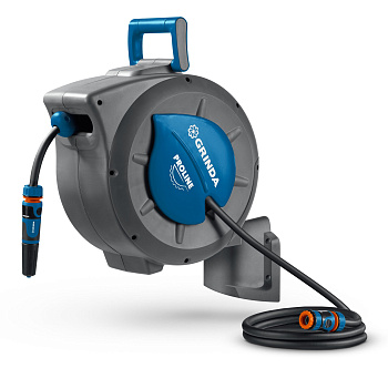 GRINDA HRA-20, шланг 20м x 1/2″, на поворотном кронштейне настенная, поливочный набор 4 предмета, ка
