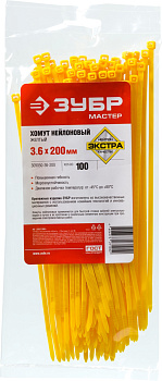 ЗУБР КС-Ж1, 3.6 x 200 мм, нейлон РА66, 100 шт, желтые, кабельные стяжки, Профессионал (309050-36-200