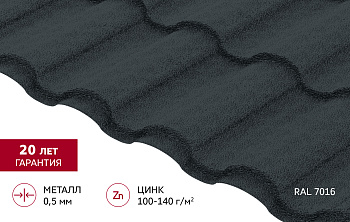Металлочерепица "Кредо" ("Kredo") в01 0,5 Drap ТХ RAL 7016 антрацитово-серый