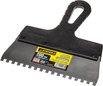 STAYER PROFlat, 200 мм, зуб 6 х 6 мм, пластиковая ручка, зубчатый, нержавеющий фасадный шпатель, Pro
