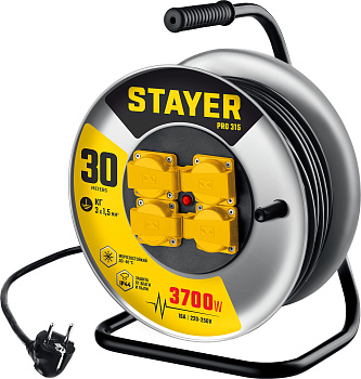 STAYER PRO-315, КГ, 3 x 1.5 мм2, 30 м, 3700 Вт, IP44, силовой удлинитель на стальной катушке (55077-