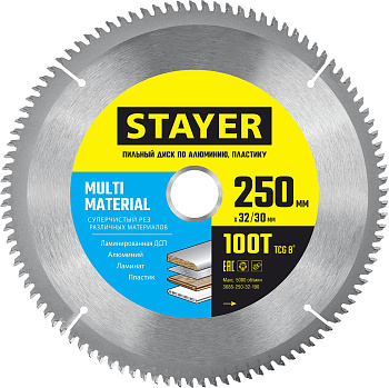 STAYER Multi Material, 250 х 32/30 мм, 100Т, супер чистый рез, пильный диск по алюминию и пластику (