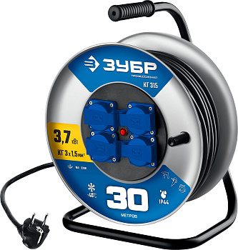 ЗУБР КГ-315, КГ, 3 x 1.5 мм2, 30 м, 3700 Вт, IP44, силовой удлинитель на стальной катушке, Профессио