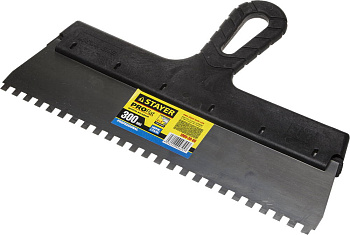 STAYER PROFlat, 300 мм, зуб 6 х 6 мм, пластиковая ручка, зубчатый, нержавеющий фасадный шпатель, Pro