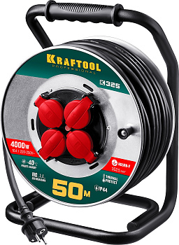 KRAFTOOL K-325, КГ, 3 х 2.5 мм2, 50 м, 4000 Вт, IP44, силовой удлинитель на стальной катушке (55086-