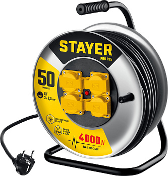 STAYER PRO-325, КГ, 3 х 2.5 мм2, 50 м, 4000 Вт, IP44, силовой удлинитель на стальной катушке (55076-
