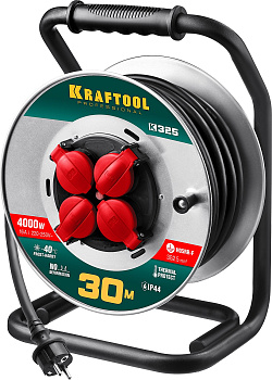 KRAFTOOL K-325, КГ, 3 х 2.5 мм2, 30 м, 4000 Вт, IP44, силовой удлинитель на стальной катушке (55086-
