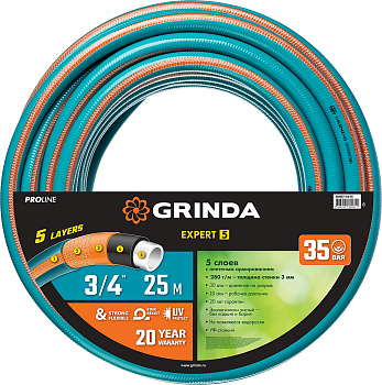 GRINDA EXPERT 5, 3/4″ 25 м, 30 атм, пятислойный, текстильное армирование, поливочный шланг, PROLine