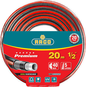 RACO PREMIUM, 1/2″, 20 м, 40 атм, пятислойный, усиленный двумя слоями армирования, поливочный шланг