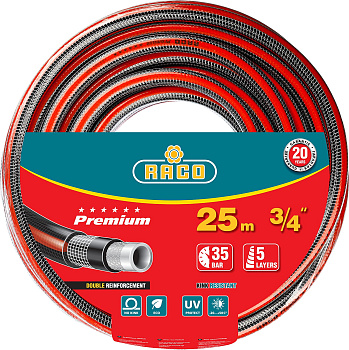 RACO PREMIUM, 3/4″, 25 м, 35 атм, пятислойный, усиленный двумя слоями армирования, поливочный шланг